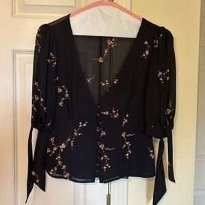 Reformation black floral V neck blouse
